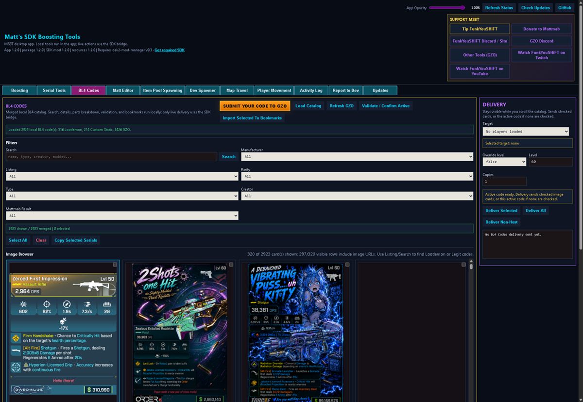 MSBT BL4 Codes catalog with sticky delivery panel