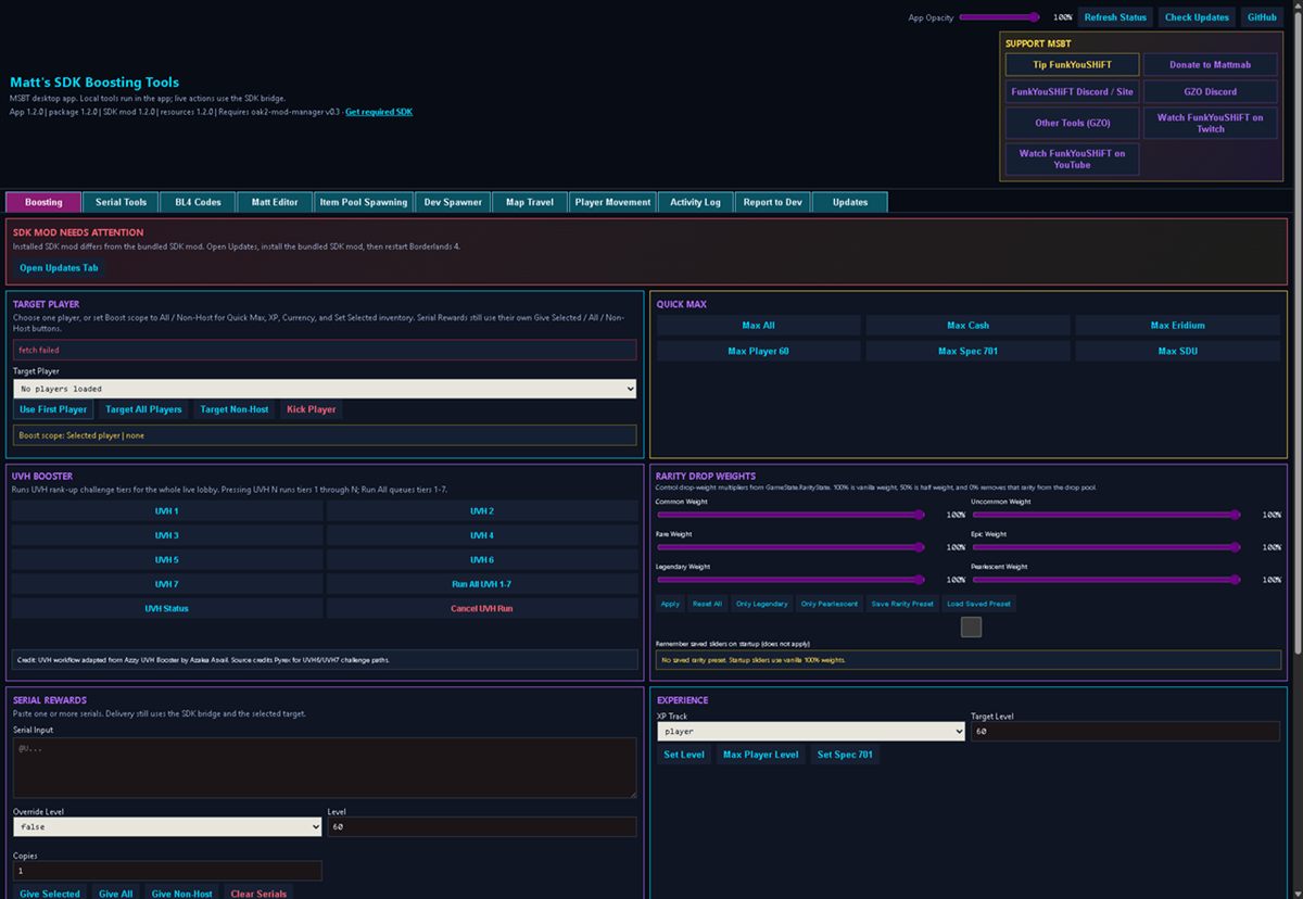MSBT Boosting tab with targeting, UVH booster, and serial copies